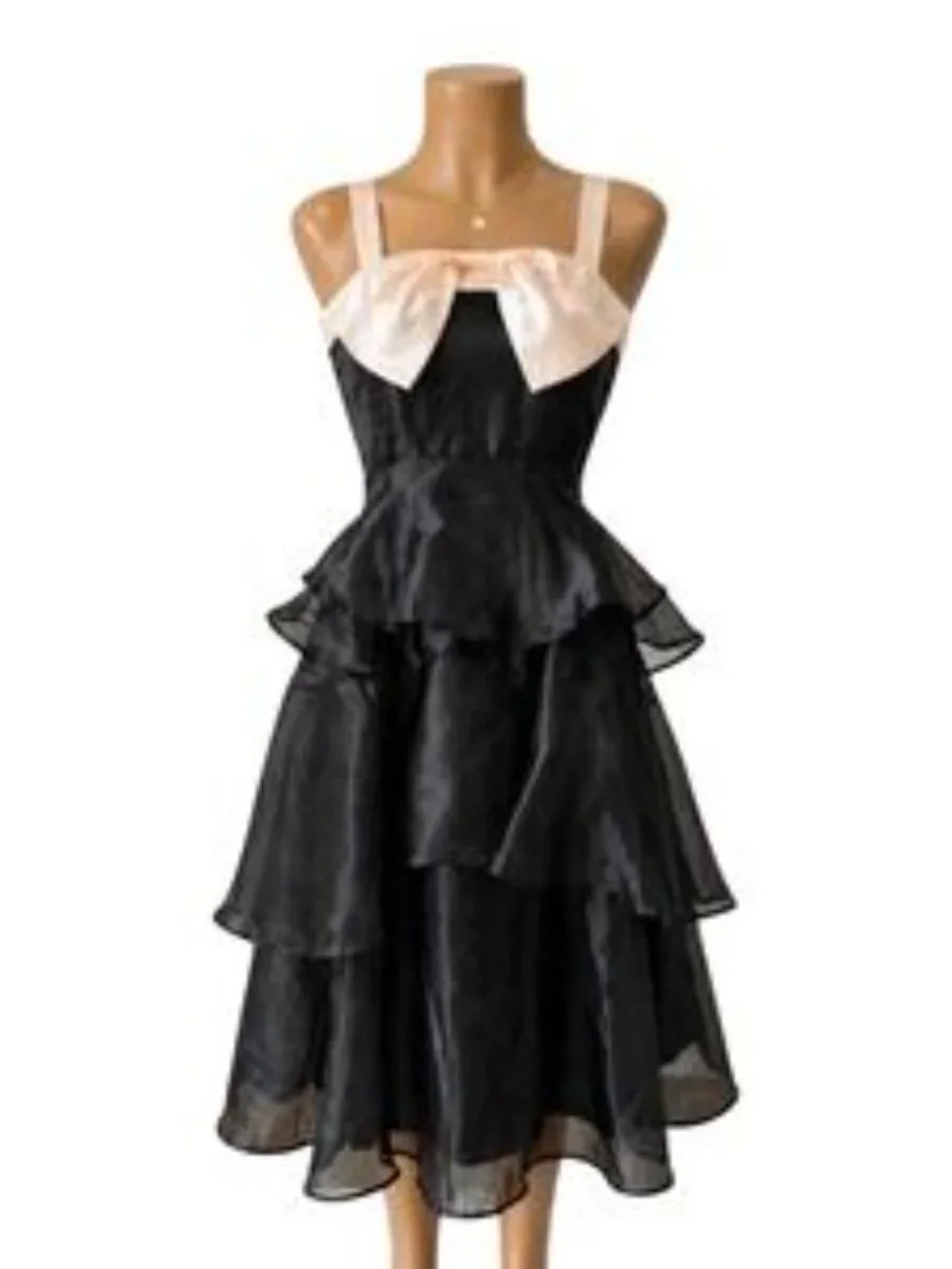 NWT Lulus Black Organza Tiered Midi Dress with Satin Bow - Picture 3 of 8